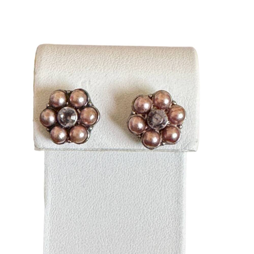 Pink Pearl and Purple Rhinestone Post Earrings .5" Diameter
